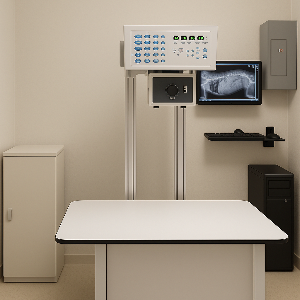 Complete veterinary x-ray suite with examination table and digital monitor
