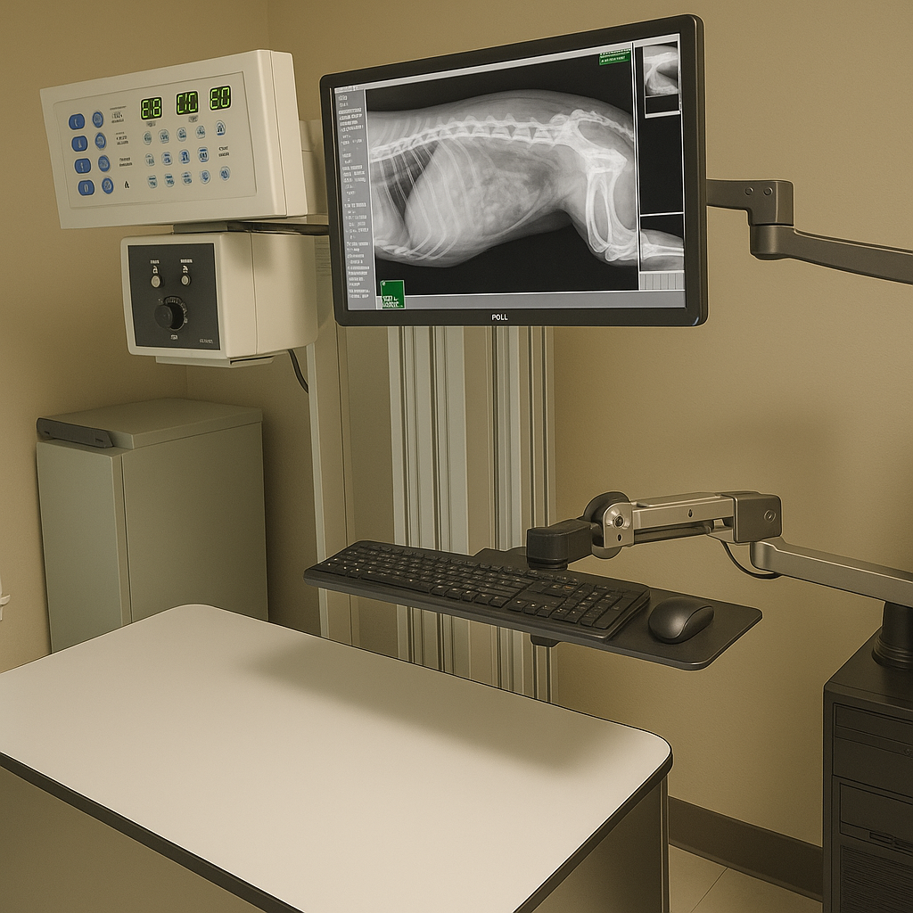 Veterinary digital x-ray system with monitor displaying animal radiograph