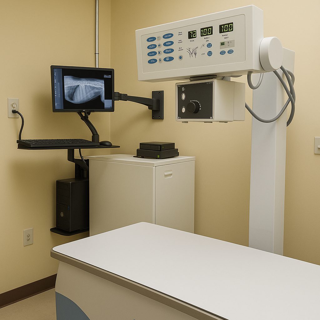 Complete veterinary x-ray room installation with control panel and workstation