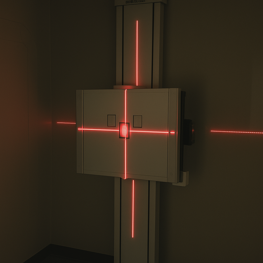 X-Ray laser alignment crosshairs on bucky stand for precise patient positioning