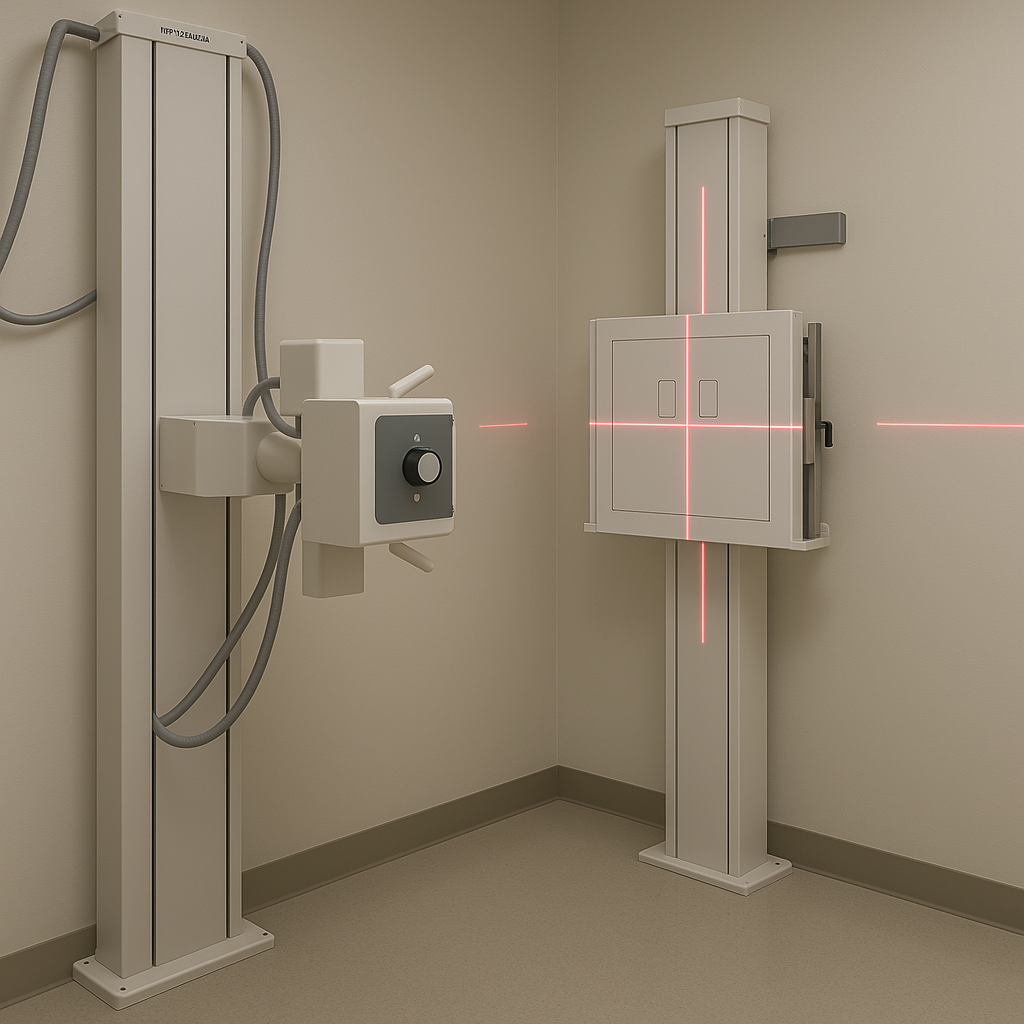 Wall-mounted x-ray system with laser alignment for accurate imaging
